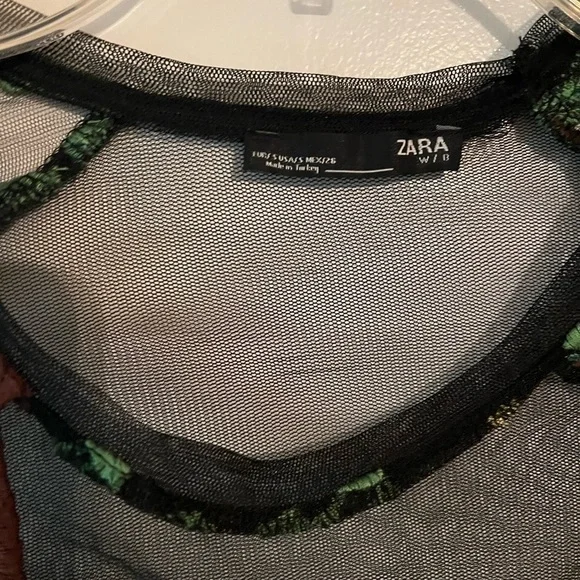 Zara Embroidered Sheer Black Colorful Short Sleeve Top Size Small - Picture 5 of 6